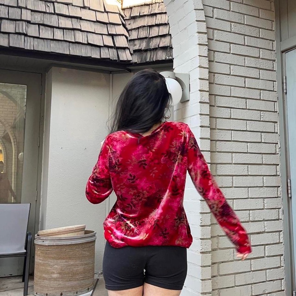 Red velvet floral print long sleeve top